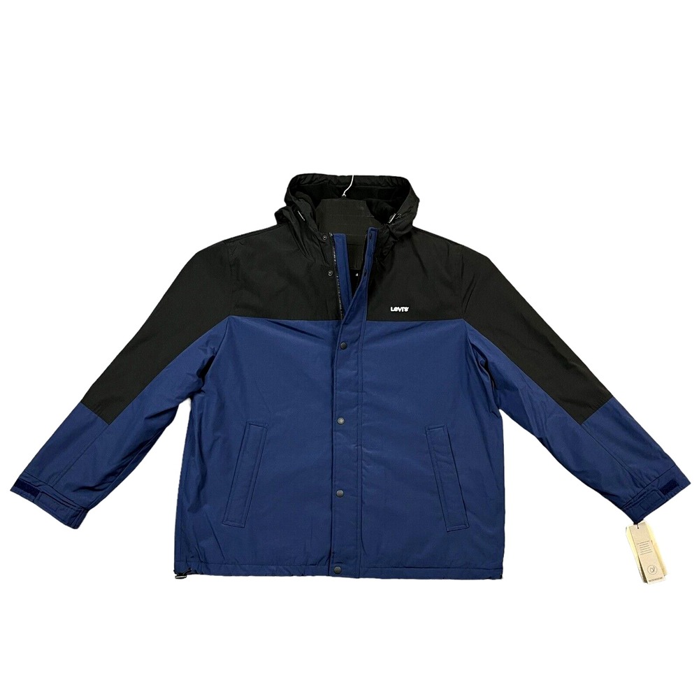 Levis Mens Hooded Jacket XXL Blue Black Fleece Lined Water Resistant Zip Pockets